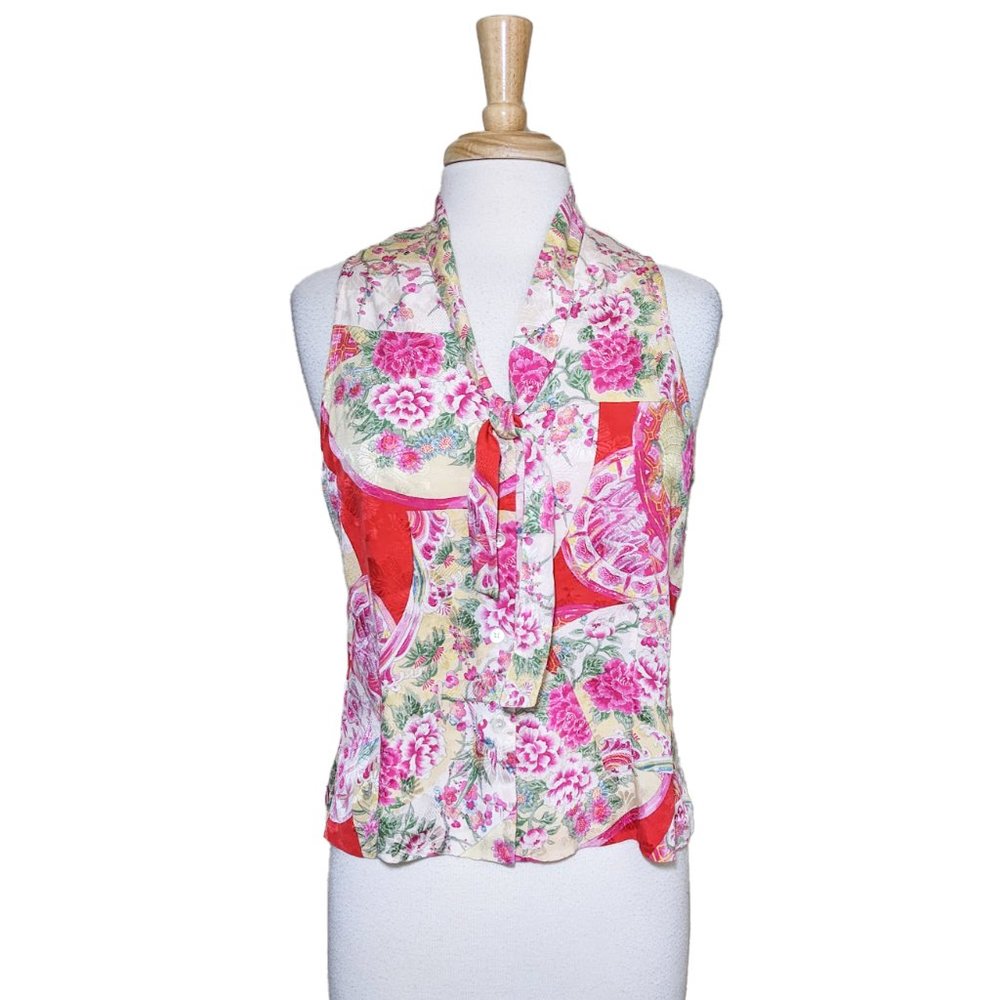 NINE WEST Asian-Inspired 100% Silk Top with Pussy Bow 14